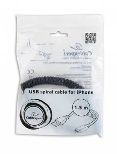 CABLEXPERT USB LIGHTNING SYNC AND CHARGING SPIRAL CABLE FOR IPHONE 1.5m BLACK