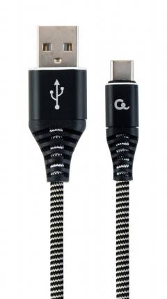 CABLEXPERT PREMIUM COTTON BRAIDED TYPE-C USB CHARGING AND DATA CABLE 1M BLACK/WHITE RETAIL PACK