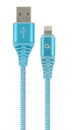 CABLEXPERT PREMIUM COTTON BRAIDED LIGHTNING CHARGING AND DATA CABLE 1M TURQUOISE/WHITE RETAIL PACK