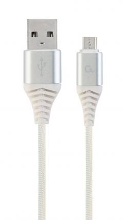 CABLEXPERT PREMIUM COTTON BRAIDED MICRO-USB CHARGING AND DATA CABLE 1M SILVER/WHITE RETAIL PACK
