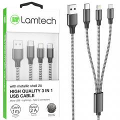 LAMTECH HIGH QUALITY 3 IN 1 USB CABLE WITH METALLIC SHELL BLACK 1M