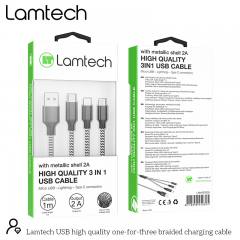 LAMTECH HIGH QUALITY 3 IN 1 USB CABLE WITH METALLIC SHELL BLACK 1M