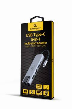 CABLEXPERT USB TYPE-C 5IN1 MULTI-PORT ADAPTER (HUB+HDMI+PD+LAN)