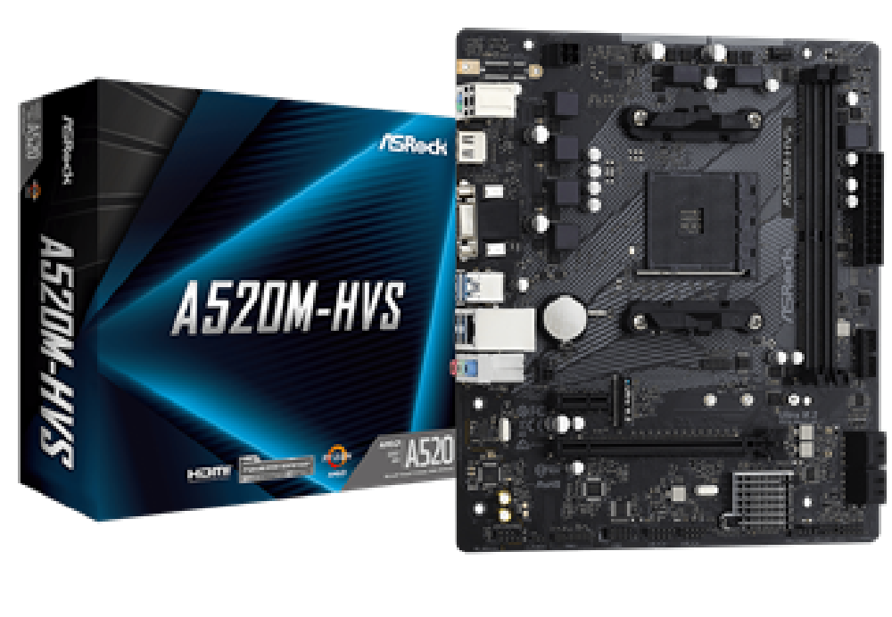 ASROCK MB A520M-HVS, SOCKET AMD AM4, CS AMD A520, 2 DIMM SOCKETS DDR4, DSUB/HDMI, LAN GIGABIT, MICRO-ATX, 2YW.
