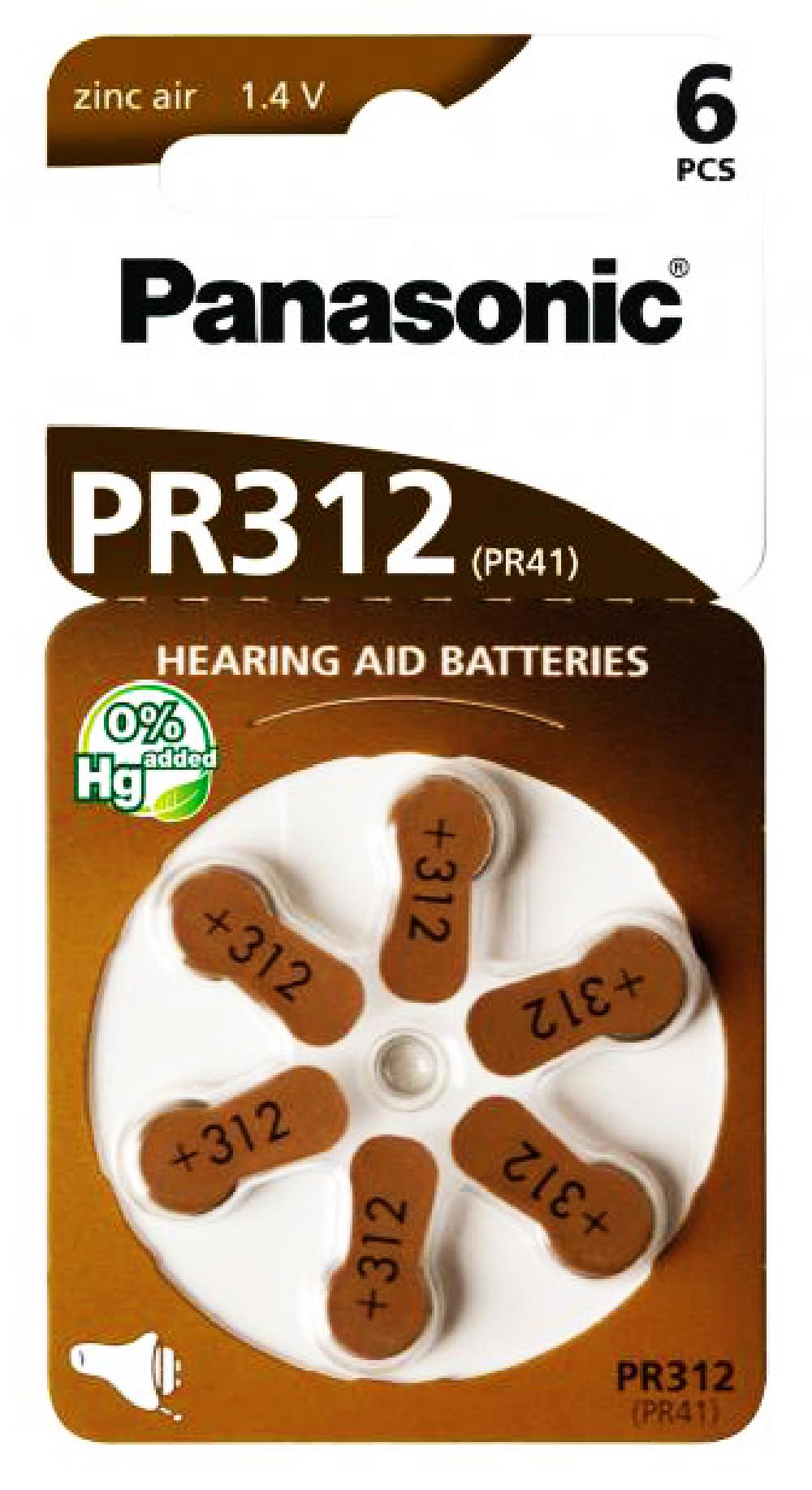 PANASONIC μπαταρίες ακουστικών βαρηκοΐας PR312, mercury free, 1.4V, 6τμχ