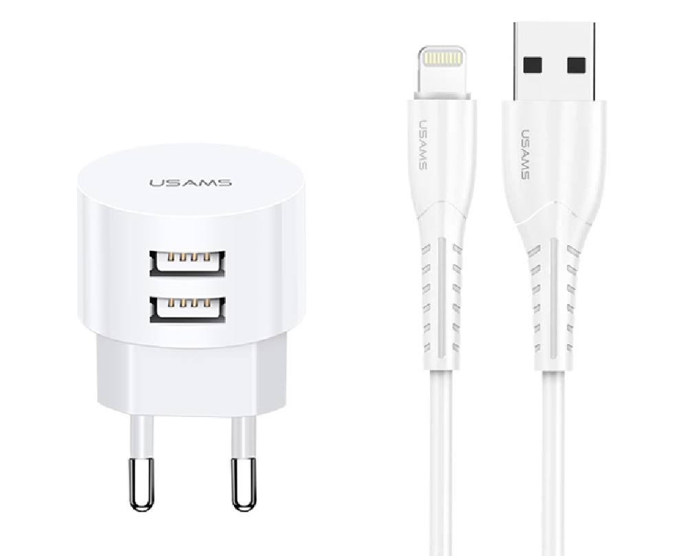 USAMS φορτιστής τοίχου T20 & καλώδιο Lightning, 2x USB, 2.1A, λευκός