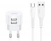 USAMS φορτιστής τοίχου T20 & καλώδιο type-C, 2x USB, 2.1A, λευκός