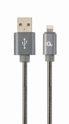 CABLEXPERT PREMIUM SPIRAL METAL 8-PIN CHARGING AND DATA CABLE 1M METALLIC GREY RETAIL PACK