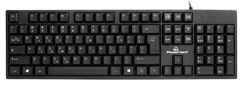 POWERTECH πληκτρολόγιο PT-1074, ενσύρματο, 1.35m, EN/GR, μαύρο