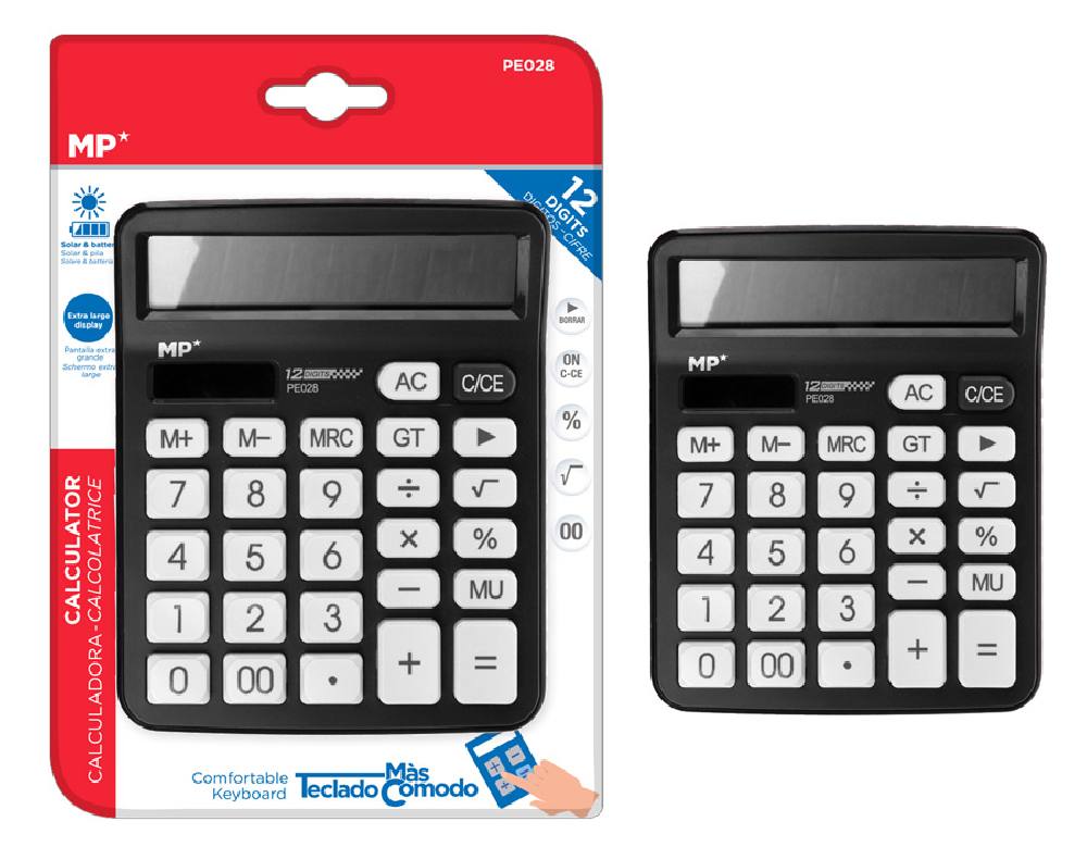 MP αριθμομηχανή PE028, ηλιακό & μπαταρίες, 12 ψηφία, μαύρη