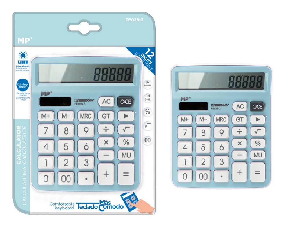 MP αριθμομηχανή PE028, ηλιακό & μπαταρίες, 12 ψηφία, γαλάζια