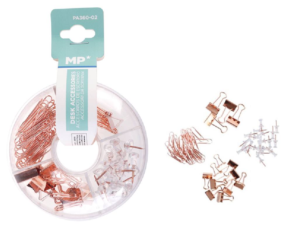 MP σετ γραφείου PA360-02 με συνδετήρες, κλιπ & πινέζες, ροζ χρυσό