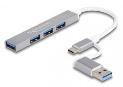 DELOCK USB hub 64214, 4x θυρών, 5Gbps, USB & USB-C σύνδεση, γκρι