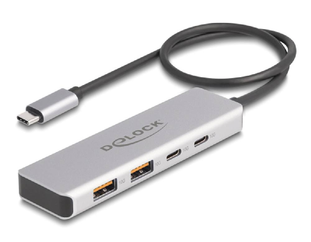 DELOCK USB hub 64230, 4x θυρών, 10Gbps, USB-C σύνδεση, γκρι