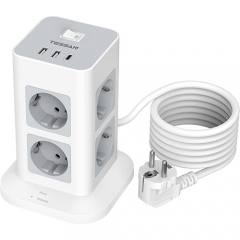TESSAN 11 IN 1 TOWER SURGE PROTECTOR 8xSCHUKO, 2xUSB, 1xTYPE-C, 2M CABLE