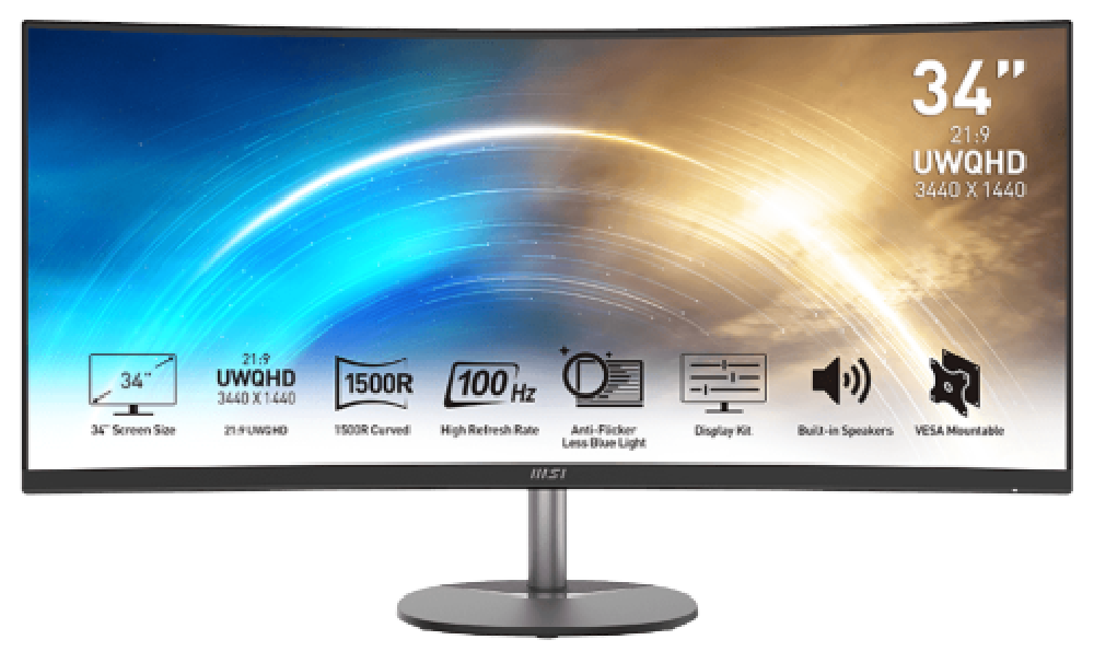 MSI MONITOR PRO MP341CQ, CURVED VA UWQHD, 34", 21:9, 300CD/M2, 3000:1, 1MS, 100Hz, 3440x1440, 2xHDMI/ 1xDP/ HP OUT, 2x 2W SPEAKE