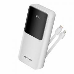 VENTION 20.000mAh Power Bank (Micro-USB + USB-C + USB-A + USB-A) with Built-In Type-C and Lightning Cables 22.5W White Led Displ