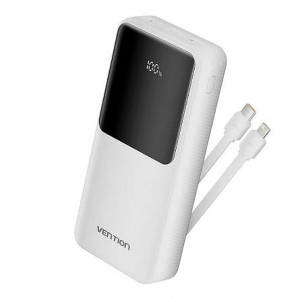 VENTION 20.000mAh Power Bank (Micro-USB + USB-C + USB-A + USB-A) with Built-In Type-C and Lightning Cables 22.5W White Led Displ