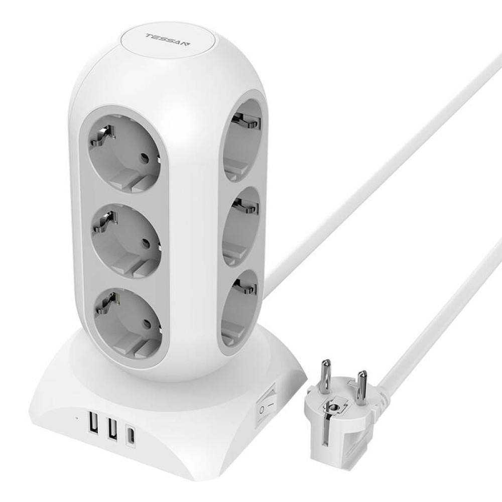 TESSAN 15 IN 1 TOWER SURGE PROTECTOR 25W 12xSCHUKO, 2xUSB, 1xTYPE-C, 2M CABLE WHITE