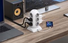 TESSAN 15 IN 1 TOWER SURGE PROTECTOR 25W 12xSCHUKO, 2xUSB, 1xTYPE-C, 2M CABLE WHITE