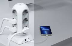 TESSAN 15 IN 1 TOWER SURGE PROTECTOR 25W 12xSCHUKO, 2xUSB, 1xTYPE-C, 2M CABLE WHITE