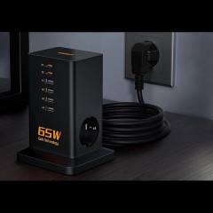 TESSAN 8 IN 1 GaN POWER STRIP 2xSCHUKO 4xUSB 2xTYPE-C 65W WITH CABLE 2M BLACK