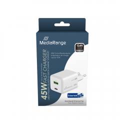 MediaRange 45W GaN Fast Charging Adapter (EU-Plug), 1x USB-C and 1x USB-A, USB-C® Power Delivery and Quick Charge enabled, Whit