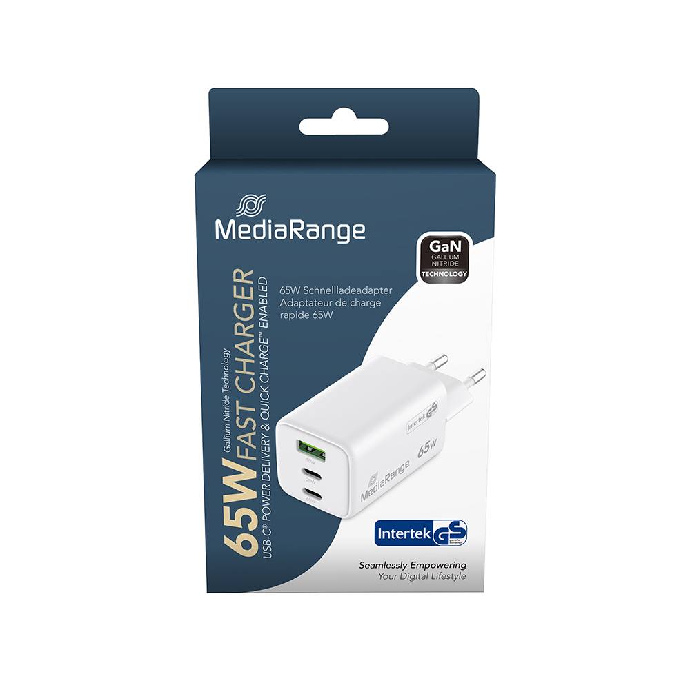 MediaRange 65W GaN Fast Charging Adapter (EU-Plug), 2x USB-C and 1x USB-A, USB-C® Power Delivery and Quick Charge enabled, Whit